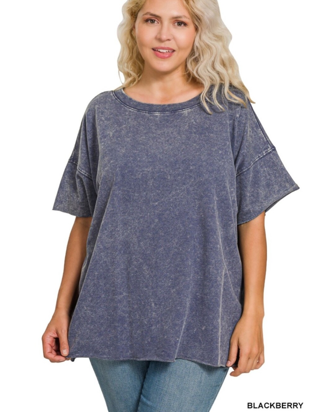 New Zenana Blackberry Acid Wash French Terry Top Plus Size